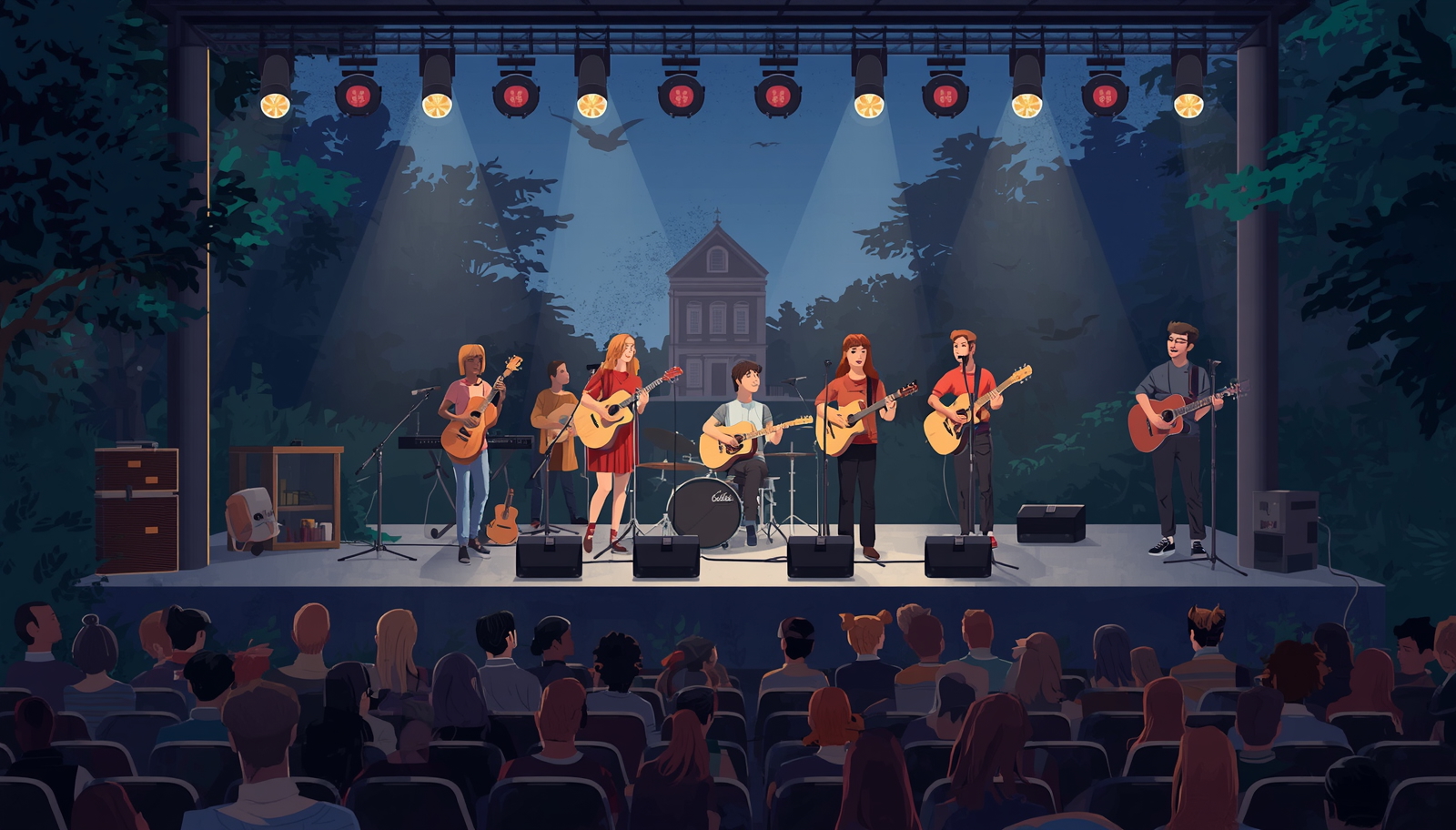 Ilustrasi mahasiswa tampil musik di kampus terkait video OSD HMT ITB yang kembali viral di media sosial