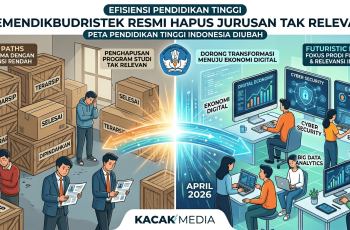 Ilustrasi split-scene membandingkan dua dunia pendidikan tinggi di Indonesia: kiri menunjukkan kurikulum lama yang tidak relevan dengan lulusan yang bingung, dan kanan menunjukkan kurikulum futuristik modern yang berfokus pada teknologi digital dan relevansi industri sesuai kebijakan Kemendikbudristek tahun 2026.