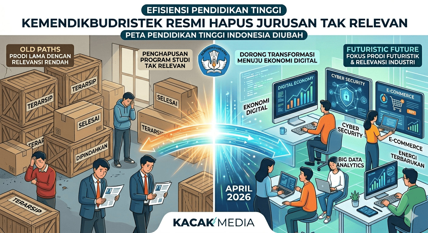 Ilustrasi split-scene membandingkan dua dunia pendidikan tinggi di Indonesia: kiri menunjukkan kurikulum lama yang tidak relevan dengan lulusan yang bingung, dan kanan menunjukkan kurikulum futuristik modern yang berfokus pada teknologi digital dan relevansi industri sesuai kebijakan Kemendikbudristek tahun 2026.