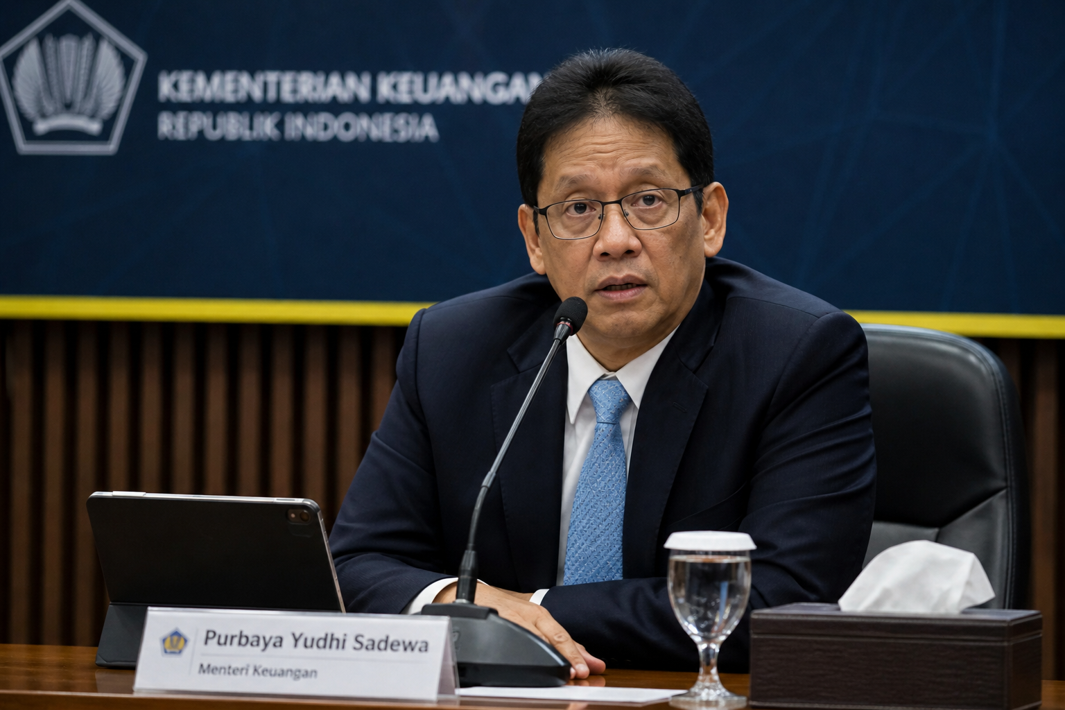 Purbaya Yudhi Sadewa saat konferensi pers Kementerian Keuangan di Jakarta