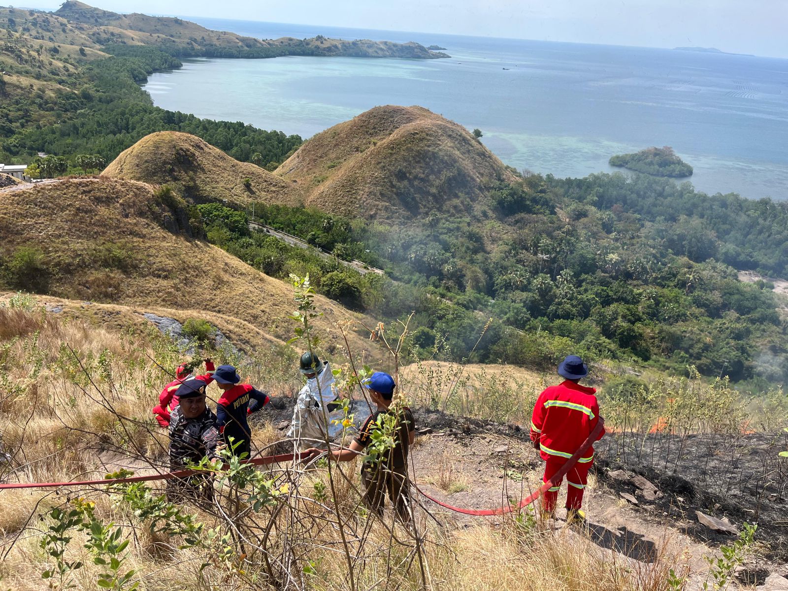 BPBD Kabupaten Manggarai Barat bersama tim gabungan memadamkan kebakaran hutan dan lahan di Bukit Silvia, Labuan Bajo.