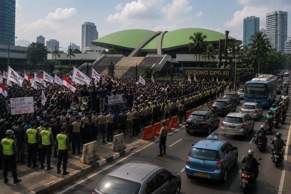 Ratusan massa menggelar aksi demonstrasi di depan Gedung DPR RI Jakarta dengan pengawalan aparat kepolisian sementara lalu lintas Jalan Gatot Subroto tetap ramai lancar.