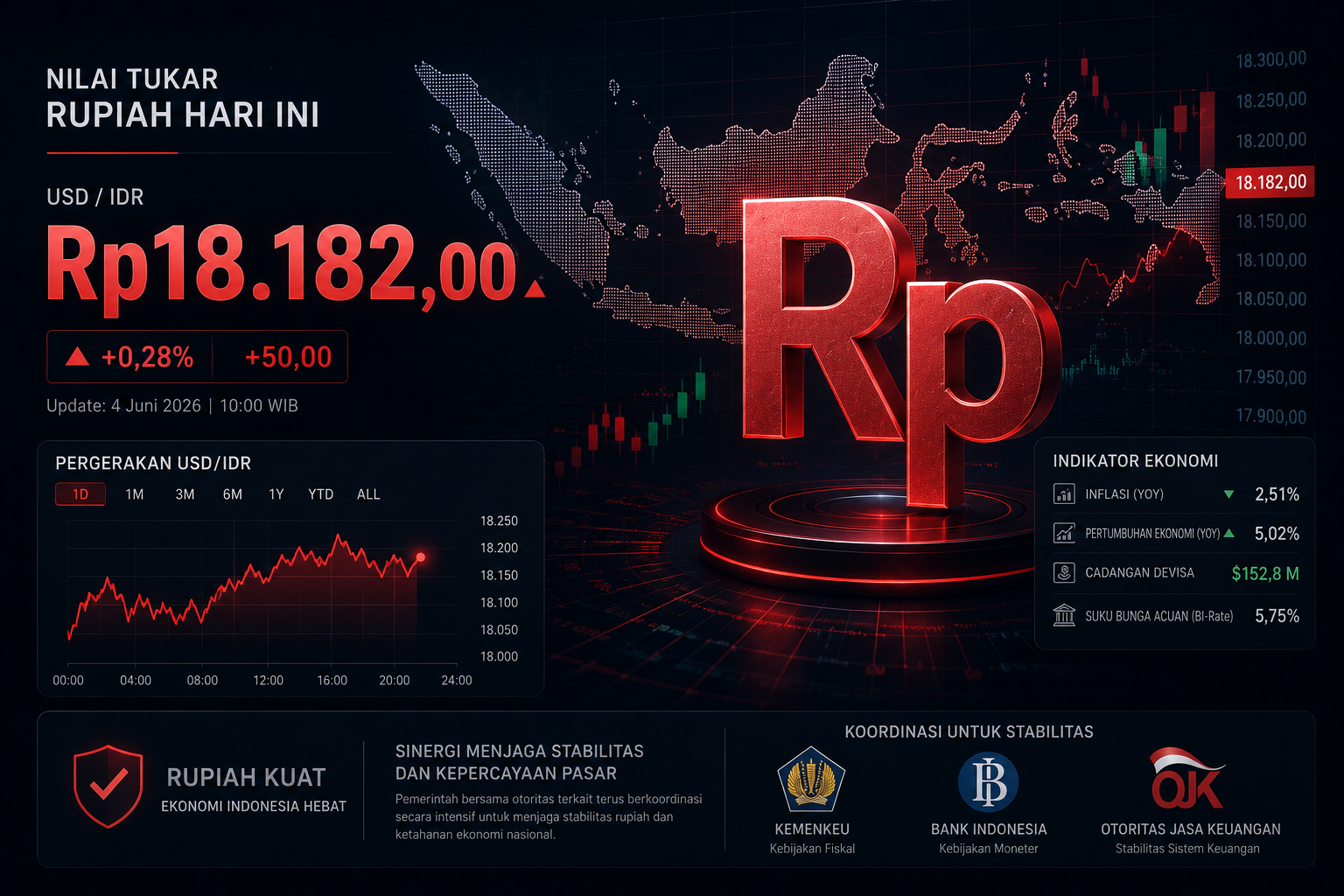 Dashboard digital pergerakan nilai tukar rupiah Indonesia di level Rp18.182,00 dengan grafik pasar keuangan dan peta Indonesia berlatar gelap.